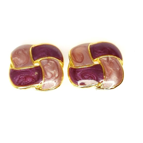 Vintage 80s Gold-Tone Knot Earrings With Purple & Pink Enamel Accents - Picture 2 of 3